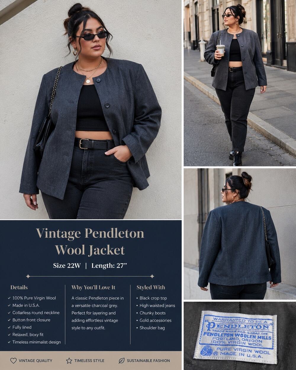 Vintage Pendleton Womens Wool Blazer Jacket Size 22 Gray Coat